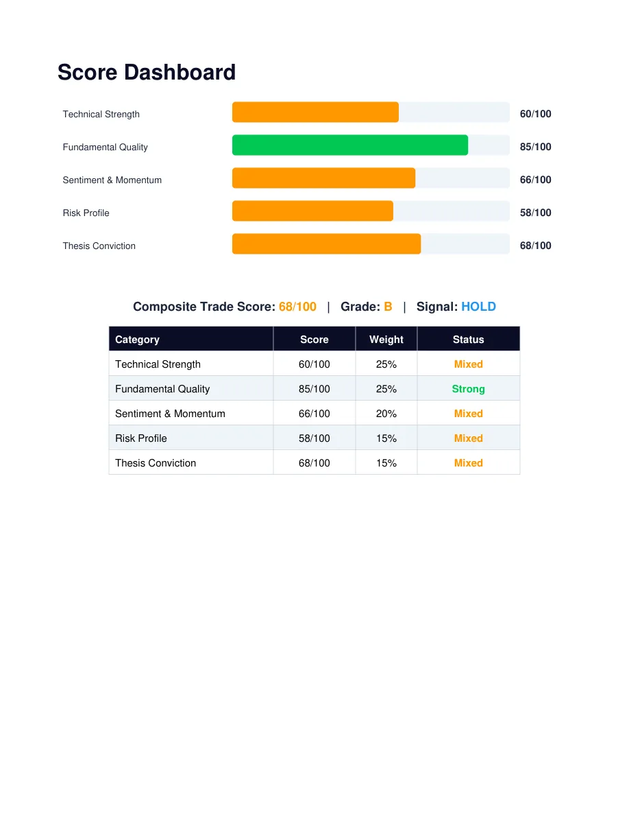 Category scores page from the GOOG sample Stock Snapshot PDF report, showing five weighted category scores